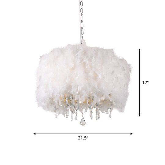 Nordic White Dining Room Chandelier - 5-Light Drum Feather Pendant With Crystal Accents
