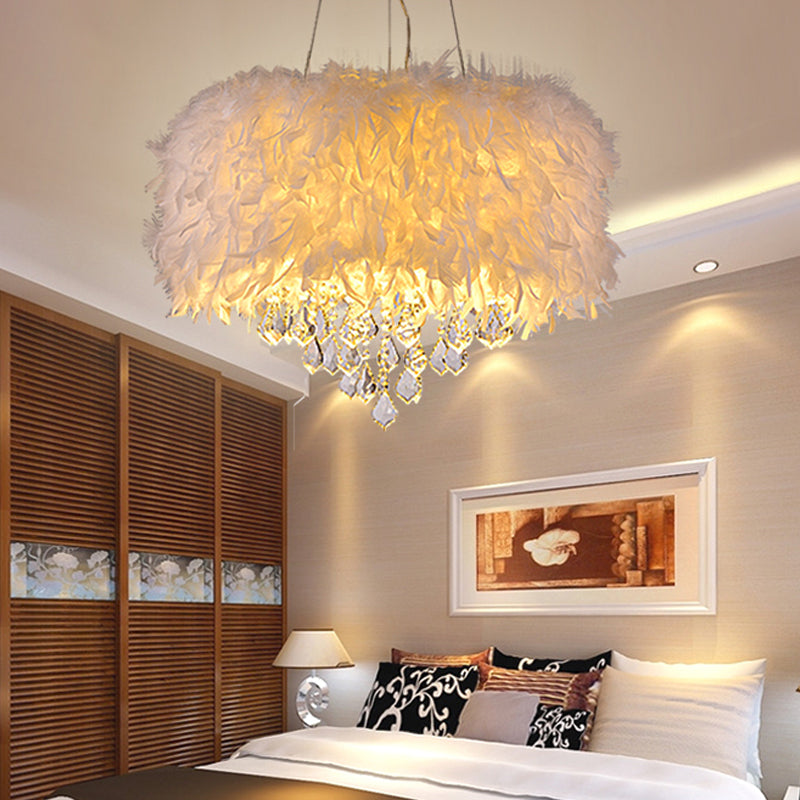 Modern White Feather Drum Pendant Chandelier With Crystal Drop - 5/6/9 Lights 16/19.5/27.5 Wide /