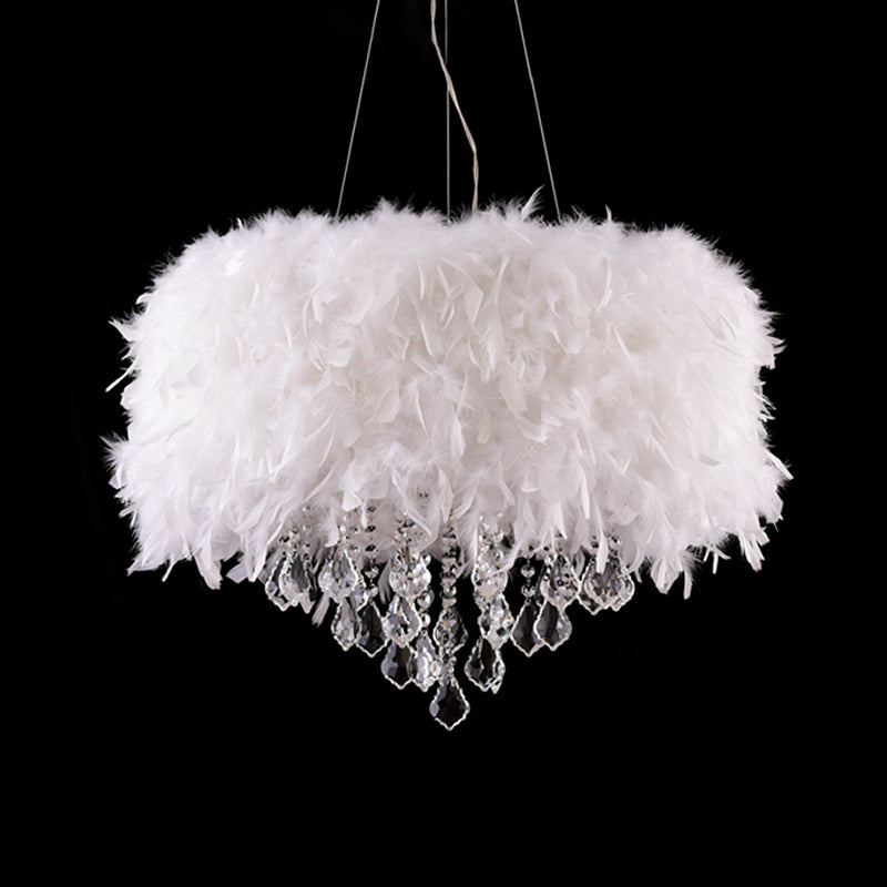 Modern White Feather Drum Pendant Chandelier With Crystal Drop - 5/6/9 Lights 16/19.5/27.5 Wide