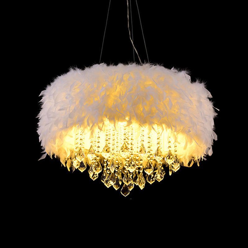 Modern White Feather Drum Pendant Chandelier With Crystal Drop - 5/6/9 Lights 16/19.5/27.5 Wide