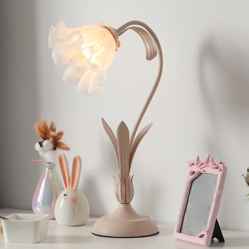 Countryside Frosted Glass Night Lamp - Flower Shape 1-Light Kids Room Table Light (Pink/Green) Pink
