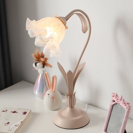 Countryside Frosted Glass Night Lamp - Flower Shape 1-Light Kids Room Table Light (Pink/Green)
