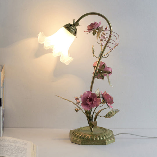 Milky Glass Ruffle Nightstand Lamp - Pastoral Style | Bedroom Night Light With Flower Deco Green Arm