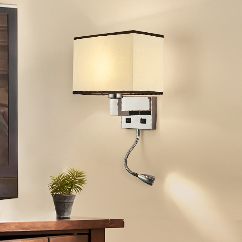 Minimalist Fabric Cuboid Wall Light Kit - 1-Light White/Beige Spotlight Sconce Lamp With Charging