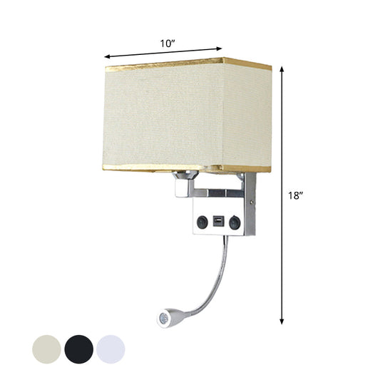 Modern Cuboid Wall Lamp With Usb Port Spotlight And Fabric Shade (Black/White/Flaxen)