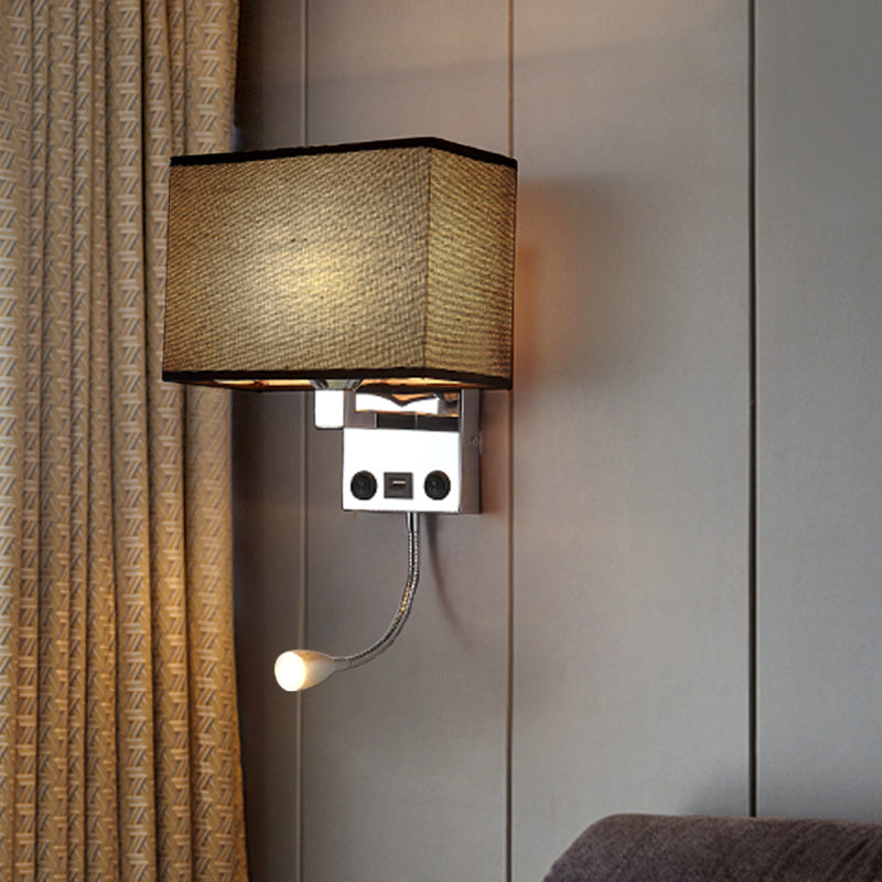 Modern Cuboid Wall Lamp With Usb Port Spotlight And Fabric Shade (Black/White/Flaxen) Black
