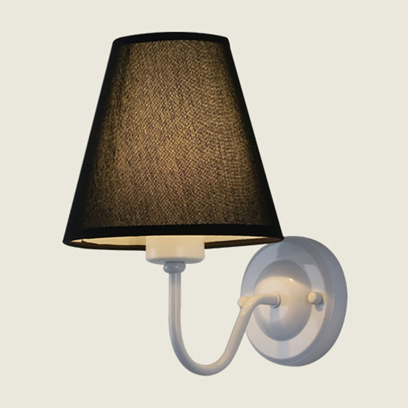 Nordic Cone Wall Lamp - 1-Light Fabric Lighting With Curved Arm In Black/White Black/Brown/Beige