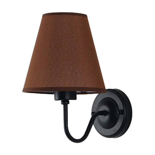 Nordic Cone Wall Lamp - 1-Light Fabric Lighting With Curved Arm In Black/White Black/Brown/Beige
