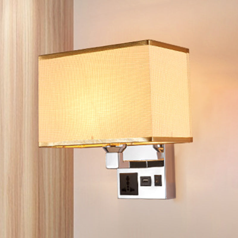 Sleek White/Flaxen Wall Lamp: Simplicity Single Fabric Sconce Light With Socket And Usb Port Flaxen
