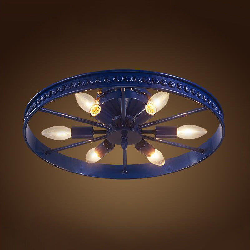 Farmhouse-Style 6-Head Semi Flush Ceiling Light - Metallic Wheel Shade Lamp In Black/Bronze For