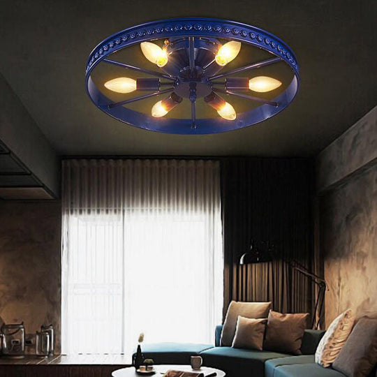 Farmhouse-Style 6-Head Semi Flush Ceiling Light - Metallic Wheel Shade Ceiling Lamp in Black/Bronze for Living Rooms