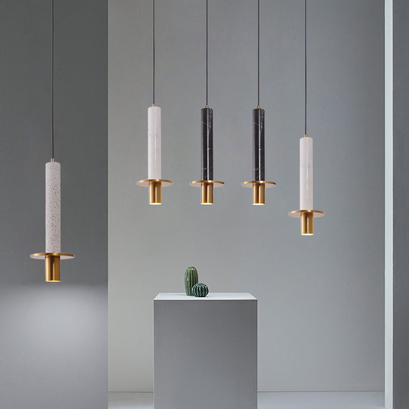 Sword Pendant Ceiling Light - Designer Marble Dining Room LED Hanging Lamp, Black/White/Beige & Brass