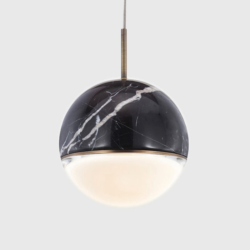 Sleek Nordic Pendant Light with Marble Accent - Spherical Dining Room Hanging Lamp (1 Bulb, 4"/6" Wide) - Black/White/Green