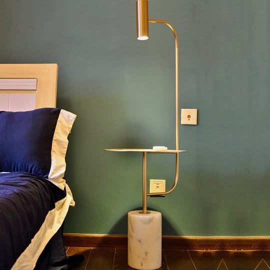 Modern Brass Tube Floor Lamp With Led Reading Light Table And Marble Pedestal