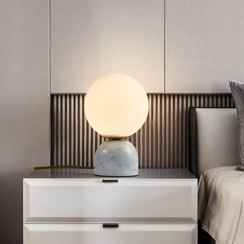 Minimalist Milky Glass Bedside Table Lamp With Marble Pedestal White