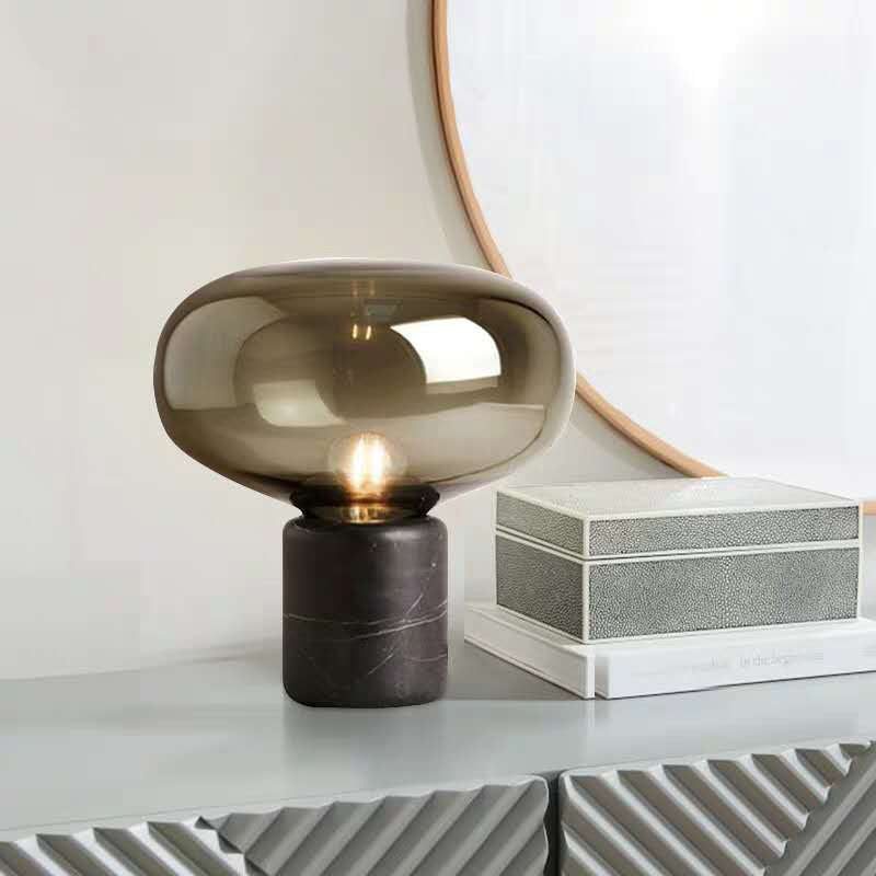 Postmodern Black Nightstand Lamp With Smoke Grey Glass Shade - Elegant Elliptical Table Light