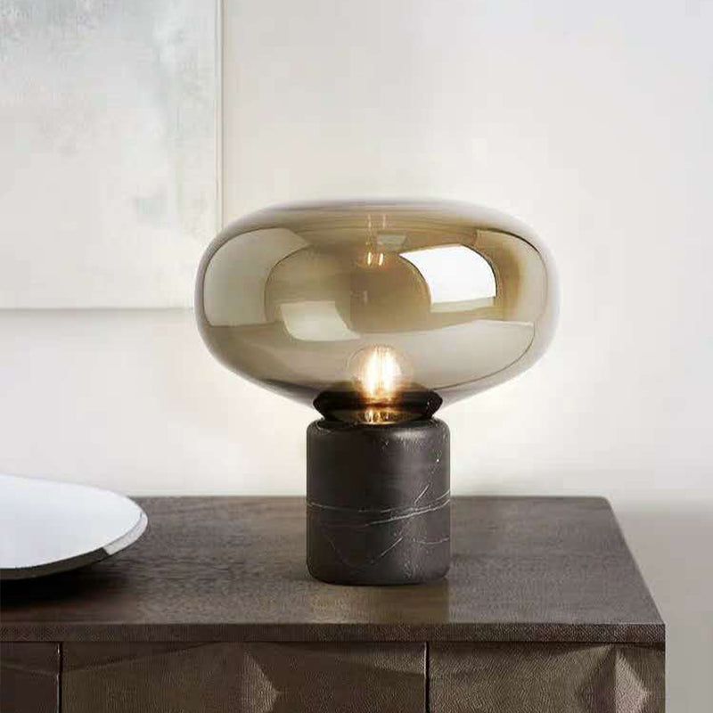Postmodern Black Nightstand Lamp With Smoke Grey Glass Shade - Elegant Elliptical Table Light