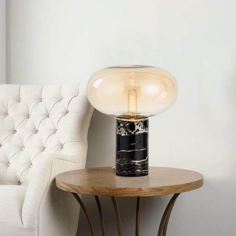 Modern Oval Night Light Grey/Amber Glass Table Lamp With Marble Base In Black Amber