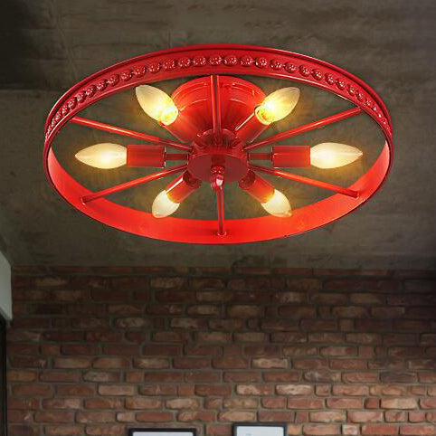 Farmhouse-Style 6-Head Semi Flush Ceiling Light - Metallic Wheel Shade Ceiling Lamp in Black/Bronze for Living Rooms