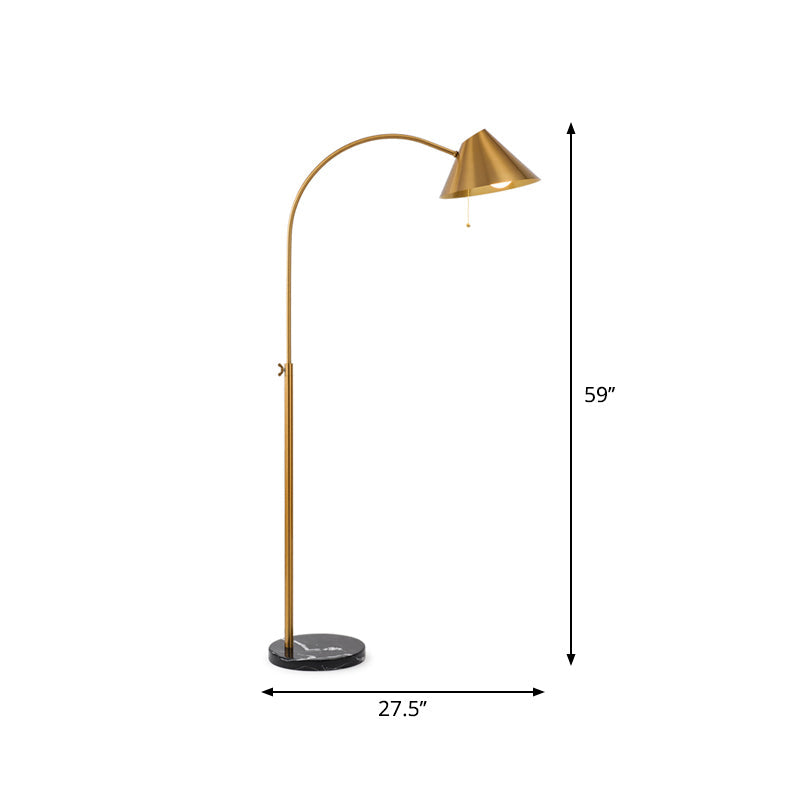 Modern Adjustable Floor Reading Lamp - Gold Cone Metal Gooseneck Light With Pull Chain