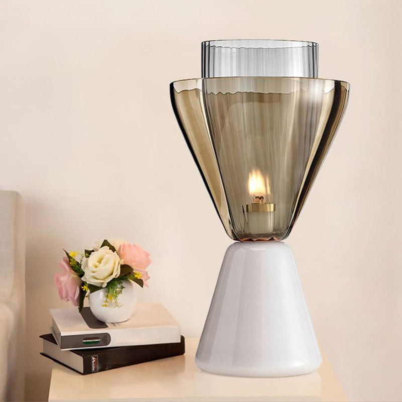 Modern Amber And Smoke Glass Hourglass Night Lamp With Marble Base - White Table Light (1 Bulb)