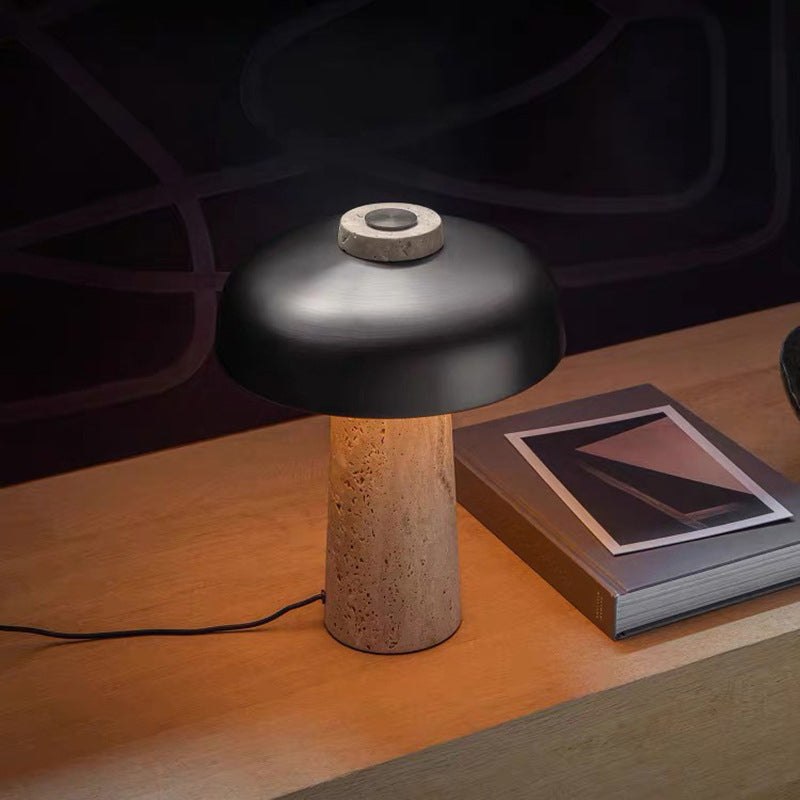 Mushroom Shaped Nightstand Lamp Minimalist Stone Design 1 Head Black & Beige
