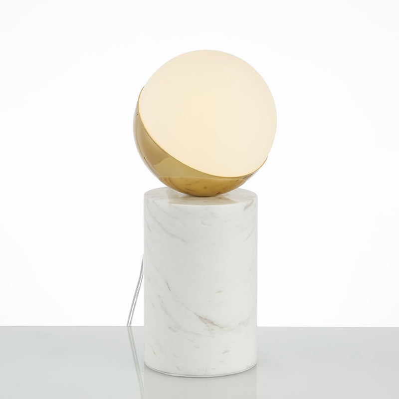 Sleek Cream Glass Bedside Lamp With Marble Pillar Brass Base Minimalist Ball Nightstand Light White