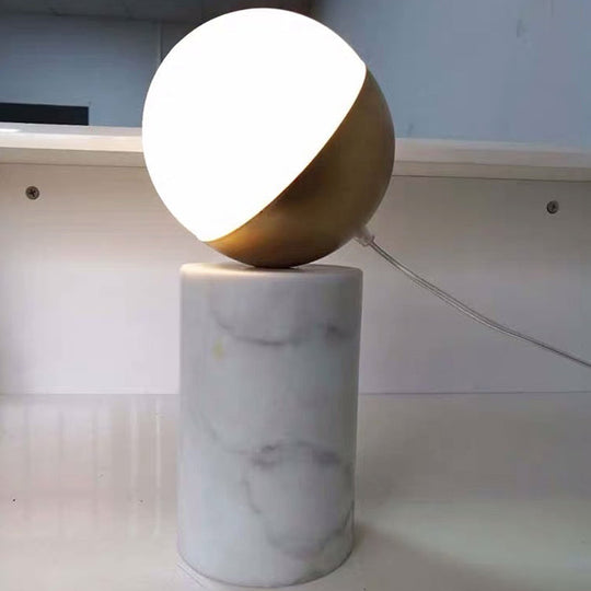 Sleek Cream Glass Bedside Lamp With Marble Pillar Brass Base Minimalist Ball Nightstand Light