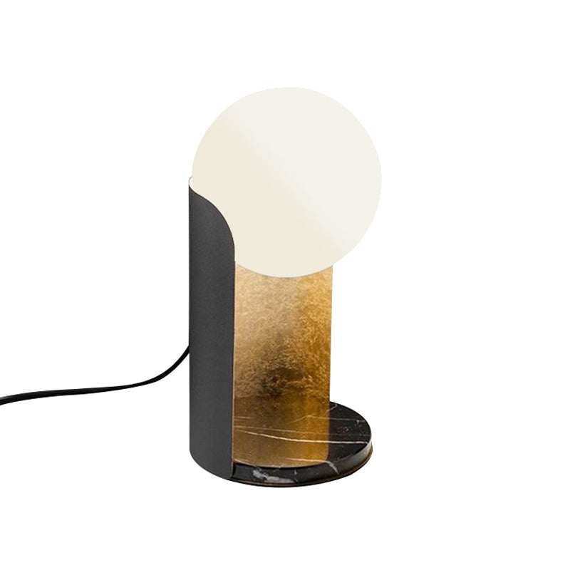 Designer Ball Shade Night Light White Glass Bedroom Table Lamp With Curved Black And Gold Stand