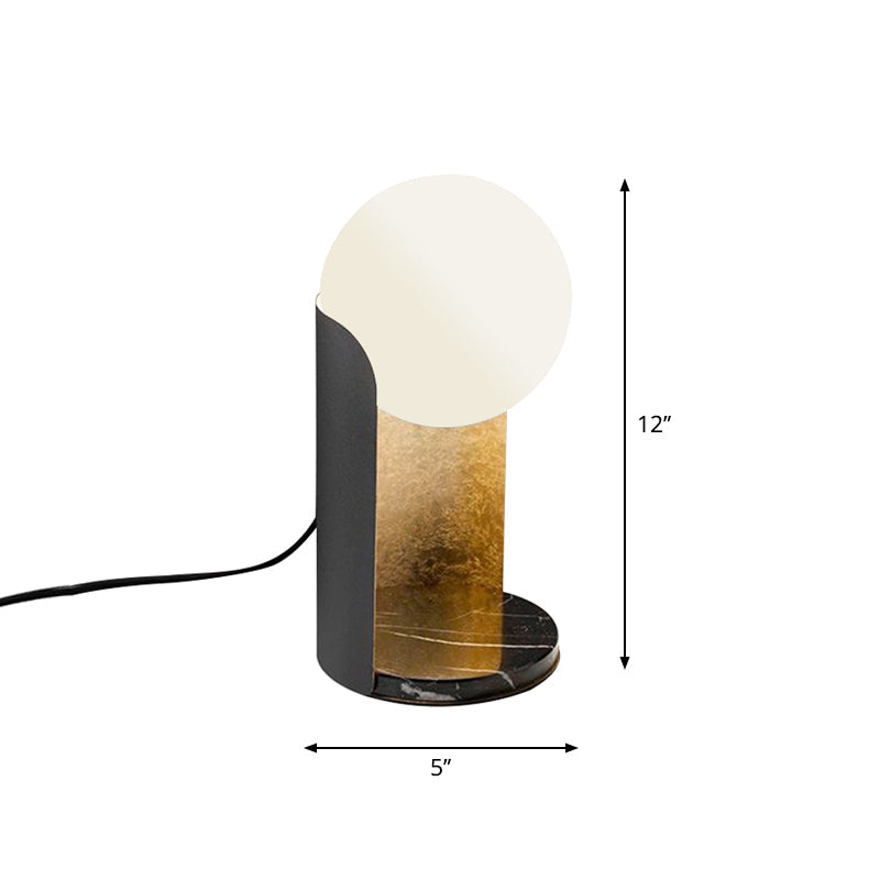 Designer Ball Shade Night Light White Glass Bedroom Table Lamp With Curved Black And Gold Stand