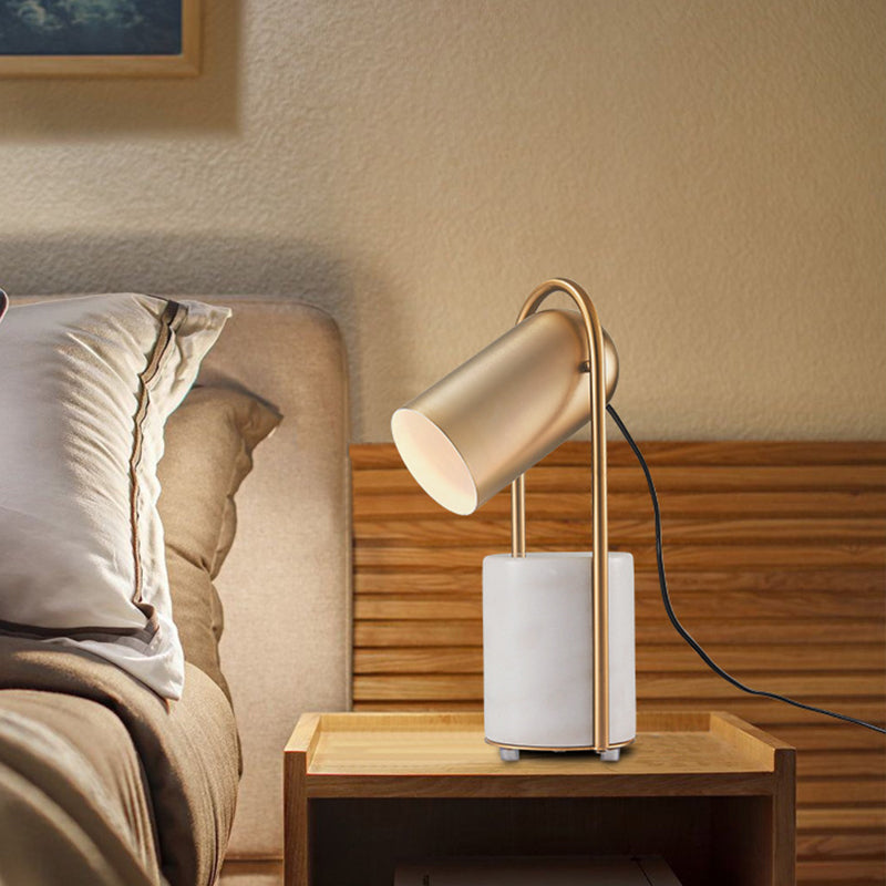 Metal Cloche Table Lamp With White Marble Pedestal - Designer 1-Light Brass Nightstand Light