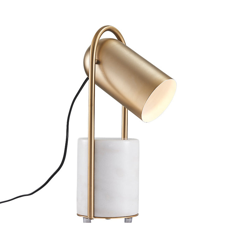 Aldib - Brass Metal Cloche Table Stand Light Designer 1-Light Brass Nightstand Lamp with White Marble Pedestal