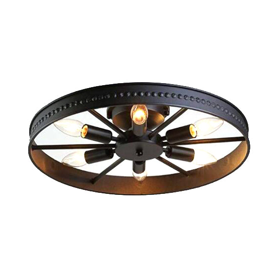 Farmhouse-Style 6-Head Semi Flush Ceiling Light - Metallic Wheel Shade Lamp In Black/Bronze For