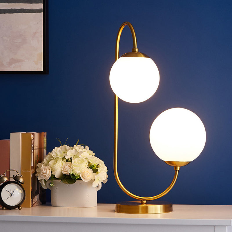 Sulafat - Gold S/C Shaped/Bend Bedside Table Light Metal 1/2-Head Designer Night Lamp in Gold with Ball Cream Glass Shade