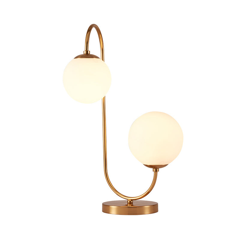 S/C Shaped Metal Bedside Table Lamp In Gold With Cream Glass Shade - Designer Nightlight 1/2-Head