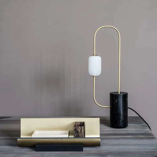 Modern Circuit Nightstand Lamp: Black & Brass Table Light With Marble Base And Milk Glass Shade