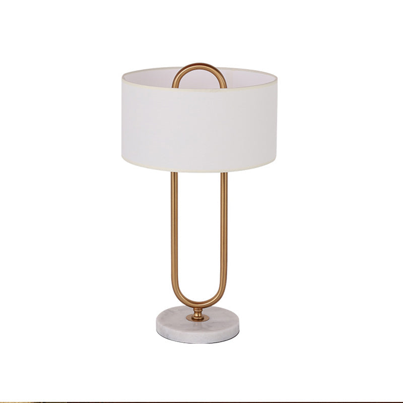 Minimalist White Drum Night Table Lamp With Brass Oval Stand - 1 Bulb Fabric Nightstand Light