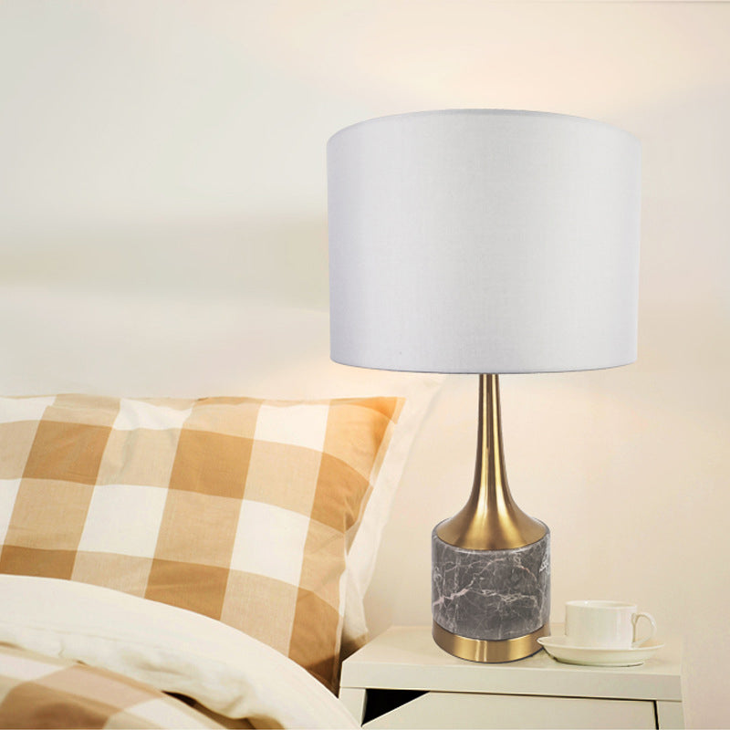 Flared Gold Night Lamp: Modern Antiqued 1-Light Table Light With Marble Base And Fabric Shade