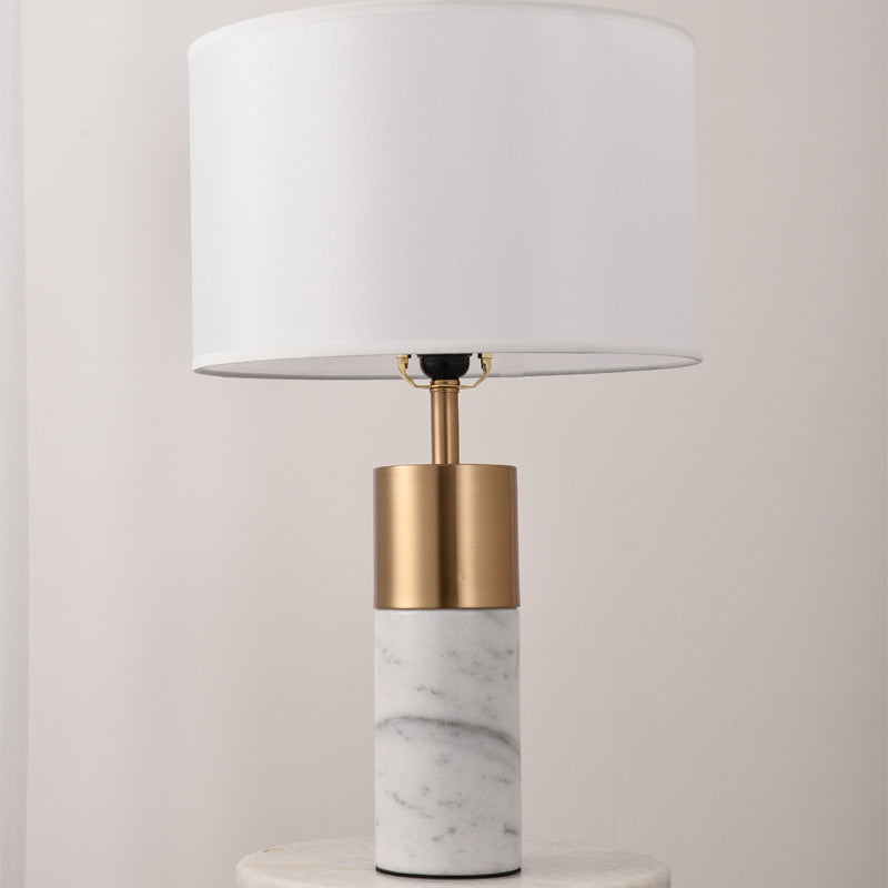 Postmodern Drum Bedside Table Lamp With Marble Pedestal - Black/White/Grey Fabric Design Gloss White