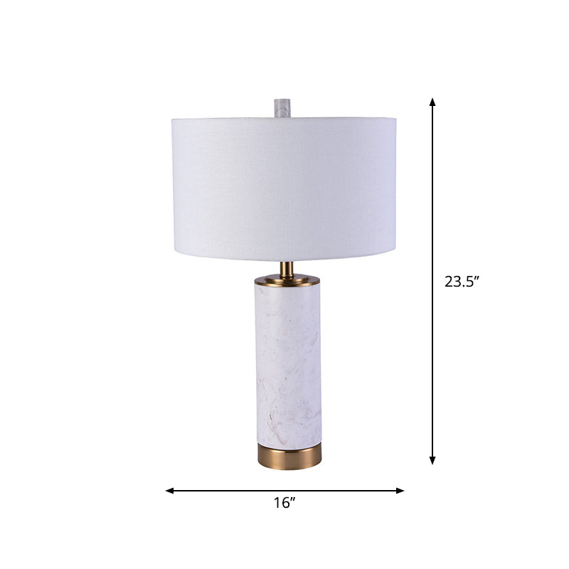 Minimalist Drum Shade Nightstand Lamp With Marble Accent - White Fabric Table Light For Bedroom