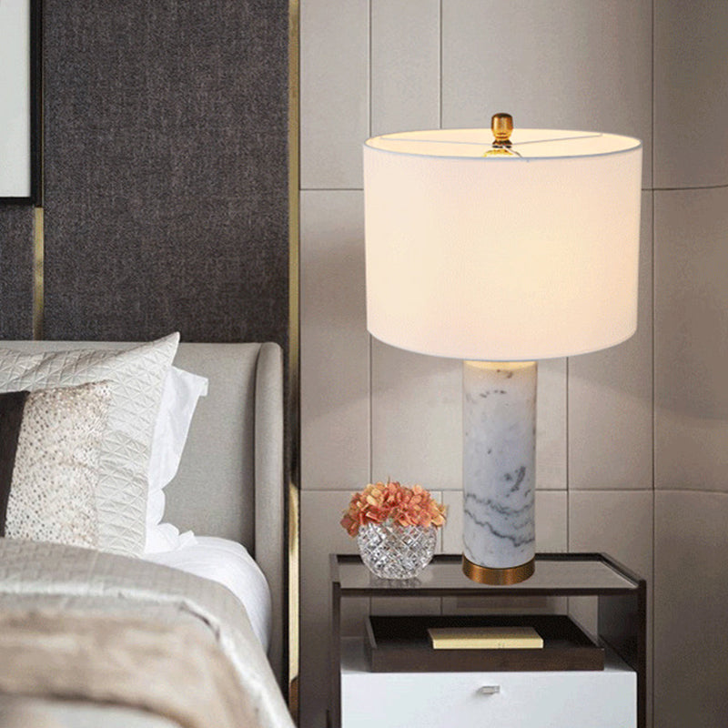 Minimalist Cylinder Table Lamp: 1-Light Fabric Night Light With Marble Pillar - Black/White White