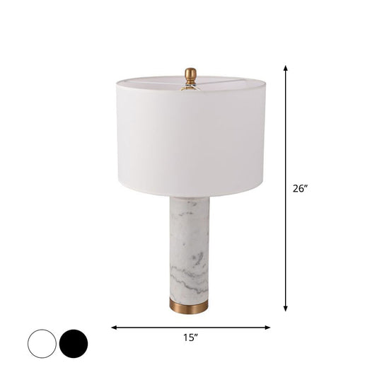 Minimalist Cylinder Table Lamp: 1-Light Fabric Night Light With Marble Pillar - Black/White