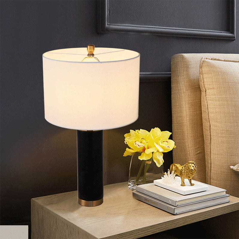 Minimalist Cylinder Table Lamp: 1-Light Fabric Night Light With Marble Pillar - Black/White Black
