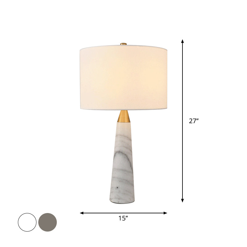 Nordic Single-Bulb Table Lamp With Fabric Cylinder Shade & Conical Marble Base - Grey/White