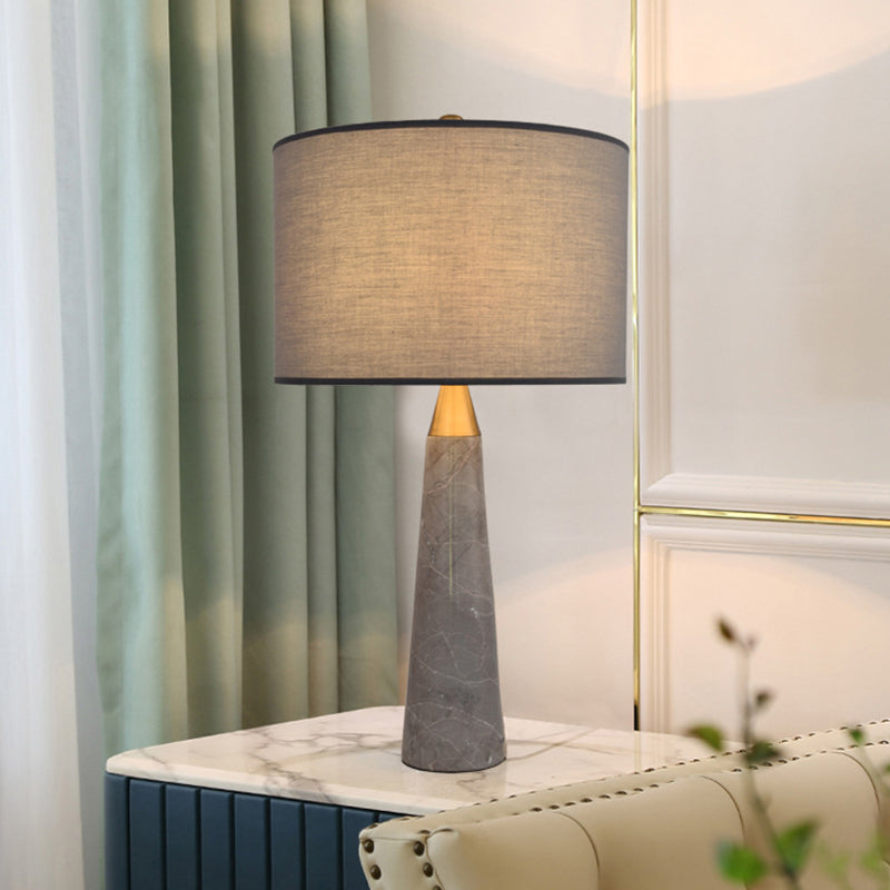 Nordic Single-Bulb Table Lamp With Fabric Cylinder Shade & Conical Marble Base - Grey/White Grey