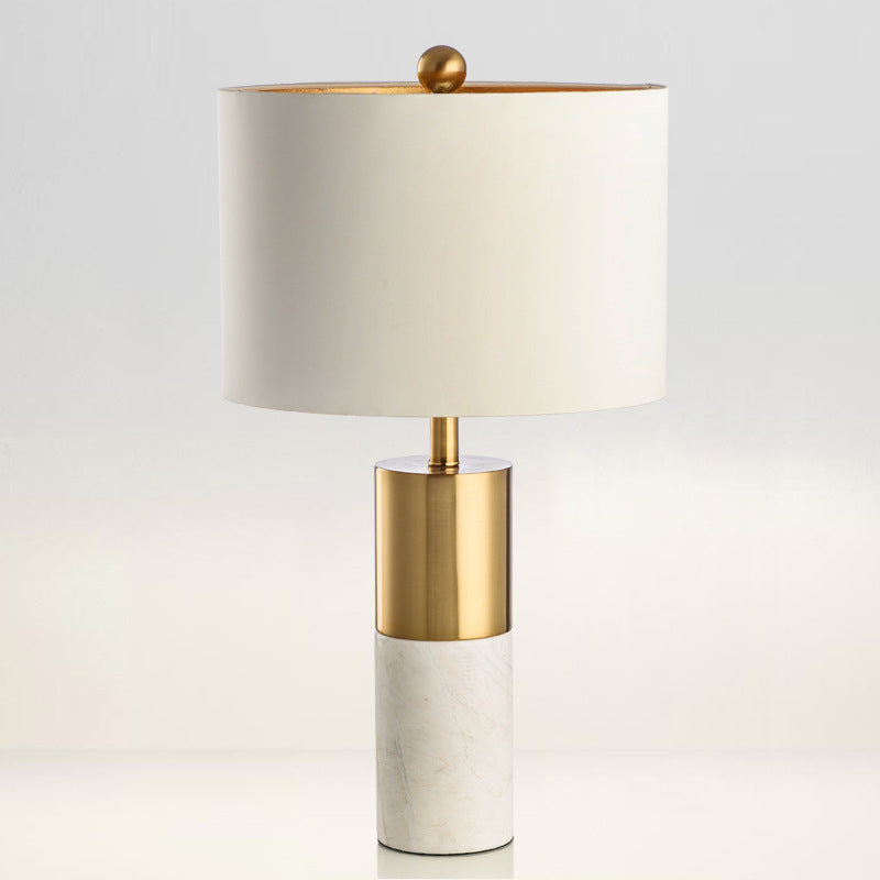 Minimalist Marble Cylindrical Table Light 1-Head Brass And Grey/White Night Lamp With Fabric