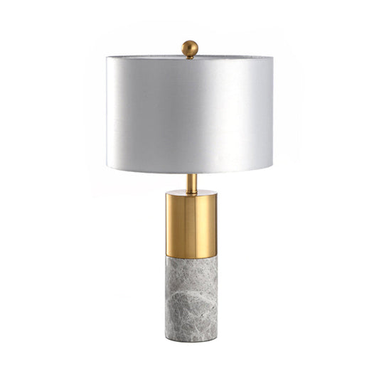 Minimalist Marble Cylindrical Table Light 1-Head Brass And Grey/White Night Lamp With Fabric