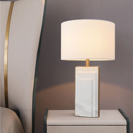 Sleek Marble Stand Bedside Table Lamp: Minimalist Cylindrical Night Light (Black/White/Ivory) Ivory