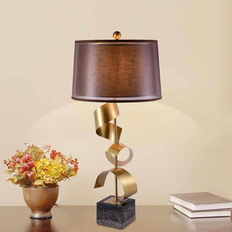 Modern Brown Fabric Drum Table Lamp With Gold Foil Accents - 1 Head Night Light