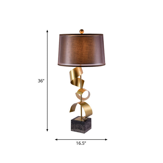 Modern Brown Fabric Drum Table Lamp With Gold Foil Accents - 1 Head Night Light